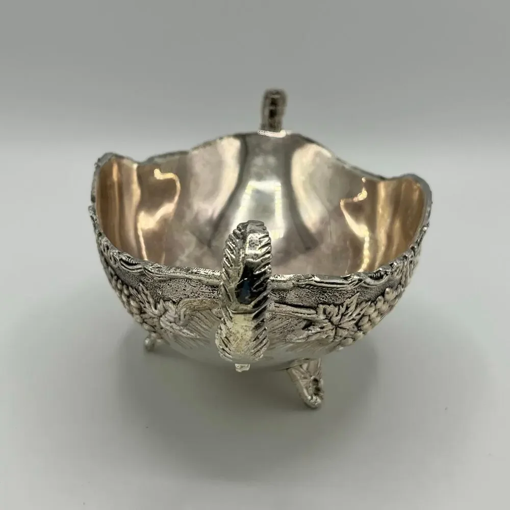 Vtg Godinger Silver Plated Footed Bowl & Set of 4 Serving Utensils Grape Pattern