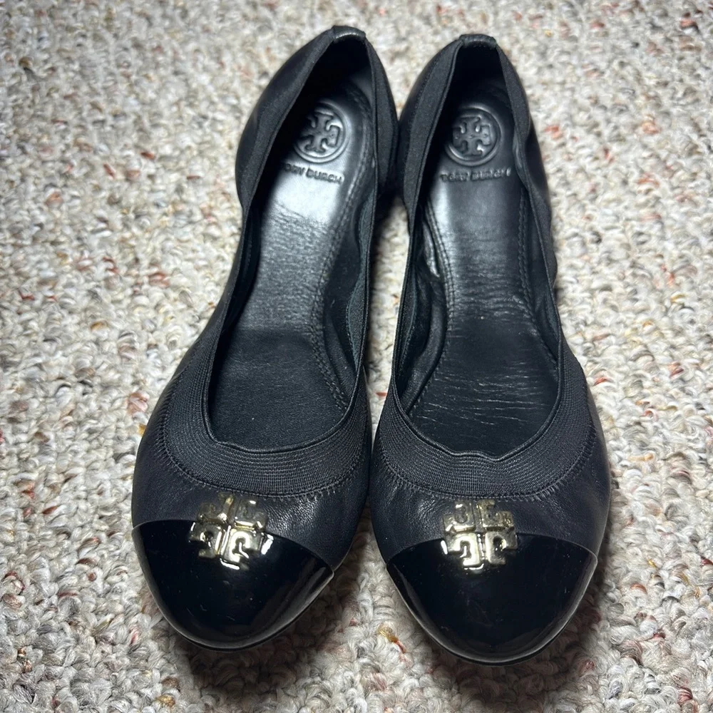 Tory Burch Black Flats with Gold Logo
