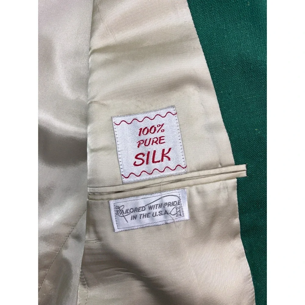 vtg Green 100% Silk 40L 42L Blazer Jacket Sport Suit Coat Masters Golf USA