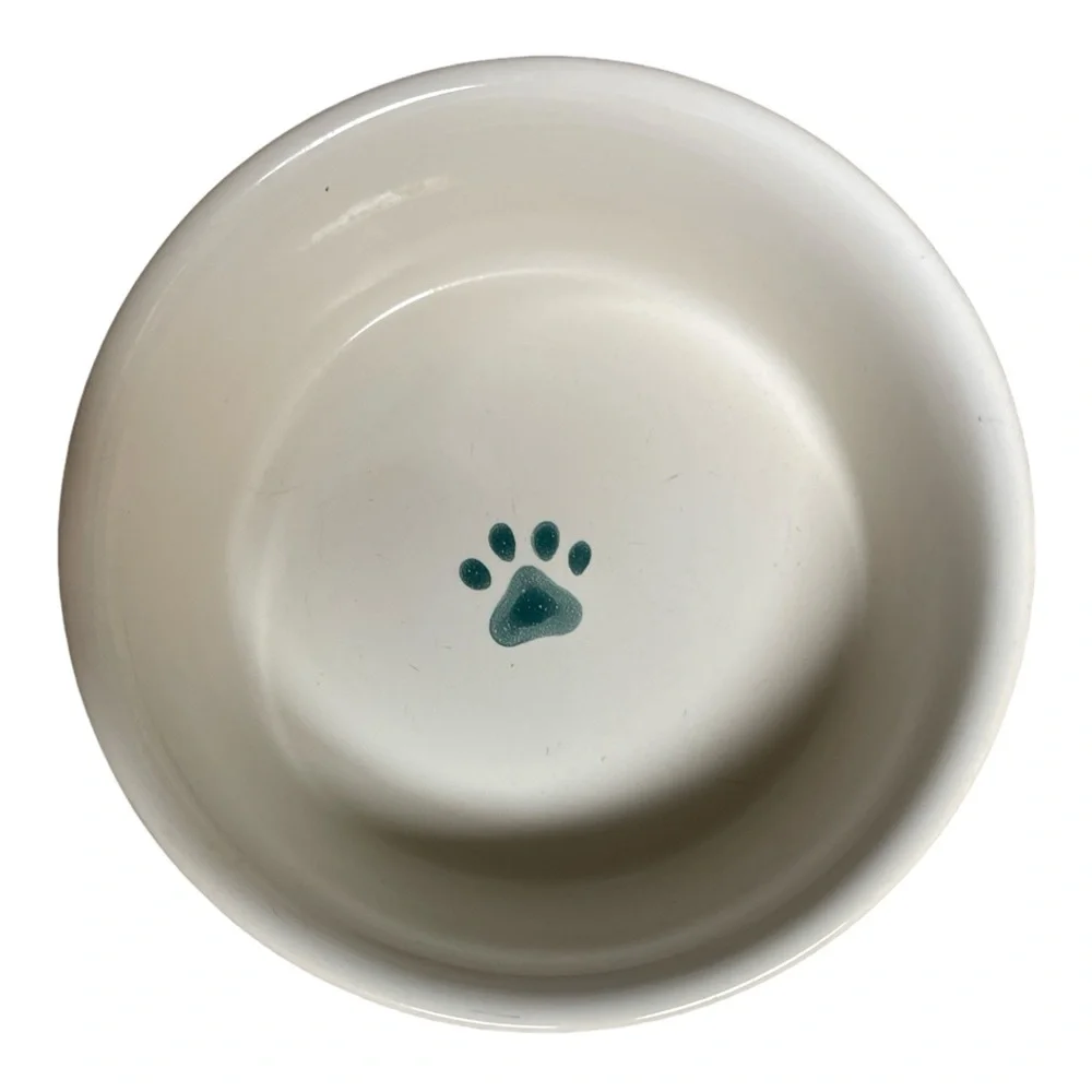 Dog Bowl Ceramic Paw Print Striped Turquoise Blue & White 6 1/2”Food Water