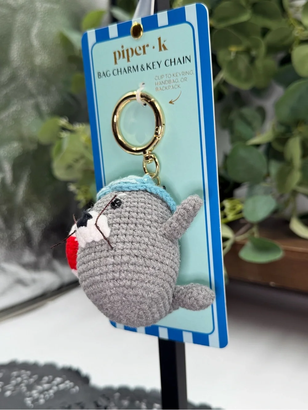 Piper Gray Crocheted Seal Keychain with Light Blue Hat and Red Life Ring