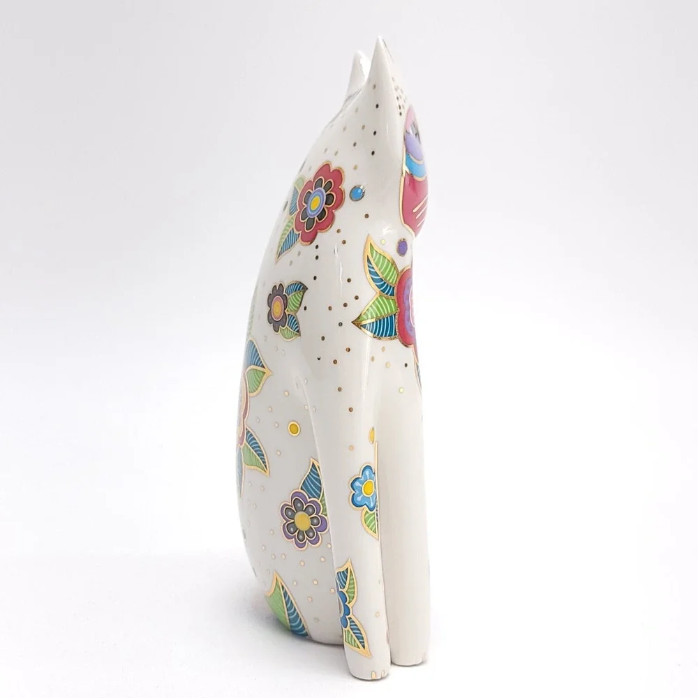 Vintage 1996 Laurel Burch Porcelain Floral Cat Clock White, Gold TESTED WORKING‎