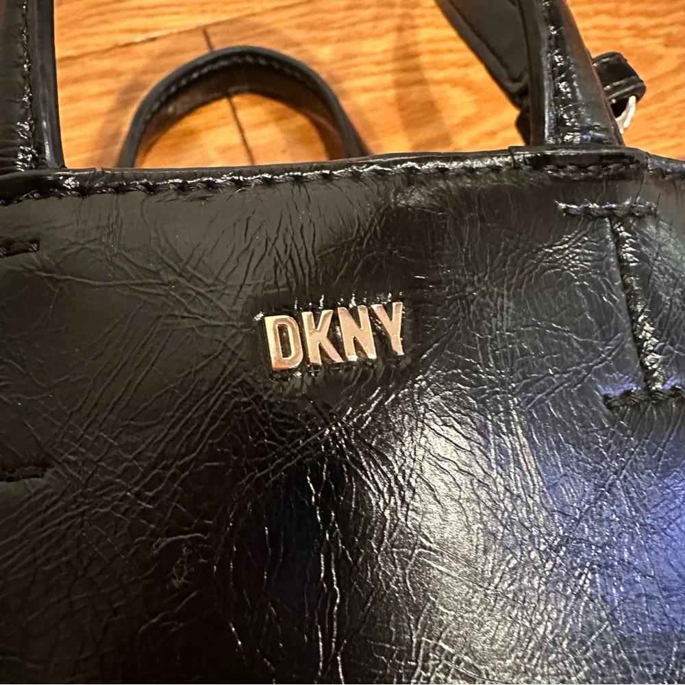 DKNY North South Crossbody Black Faux Leather Mini Tote with Sherpa Trim