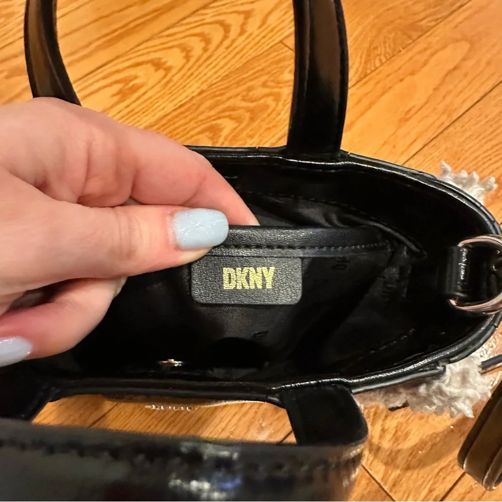 DKNY North South Crossbody Black Faux Leather Mini Tote with Sherpa Trim