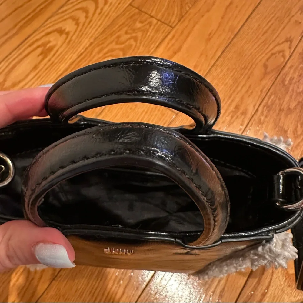 DKNY North South Crossbody Black Faux Leather Mini Tote with Sherpa Trim