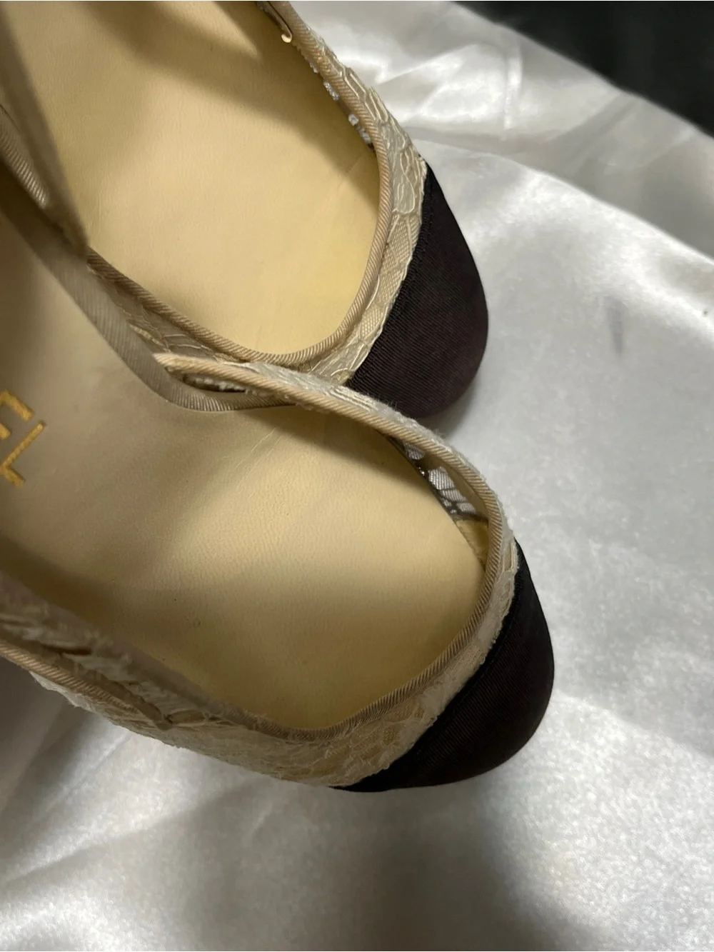 CHANEL Beige Lace Slingback Mules with Black Cap Toe