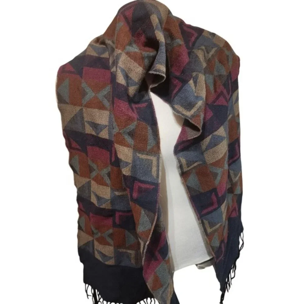 Harry Rosen Geometric Mosaic Scarf Burgundy Navy Tan‎ Wool Blend Fringe Trim
