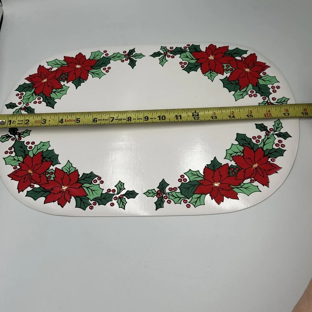 Set of 4 VTG‎ Vinyl Placemats Poinsettias Holly White Oblong Christmas Holiday