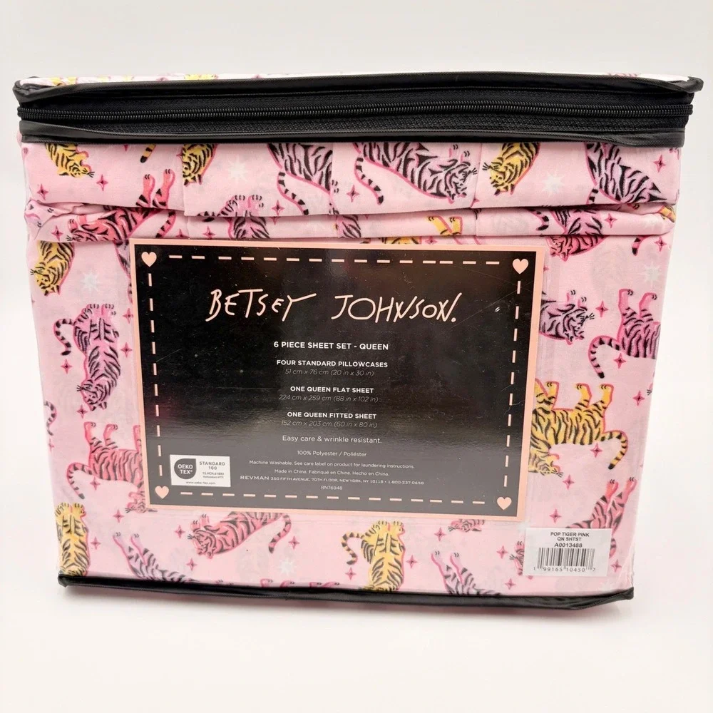 Betsey Johnson Queen Sheet Set 6 Piece Pop Tiger Pink Animal Print New