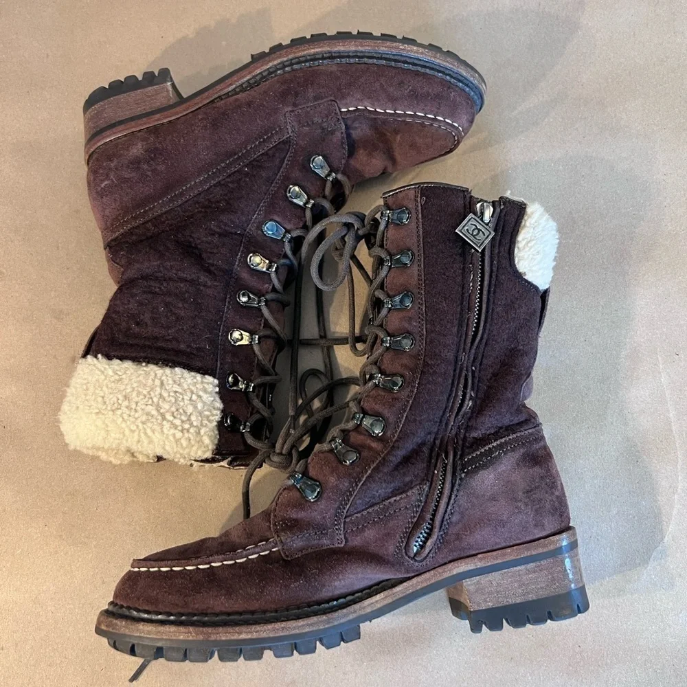 Chanel Brown Suede Leather CC Logo Shearling Combat Lace Boots Size EU 36 US 5.5