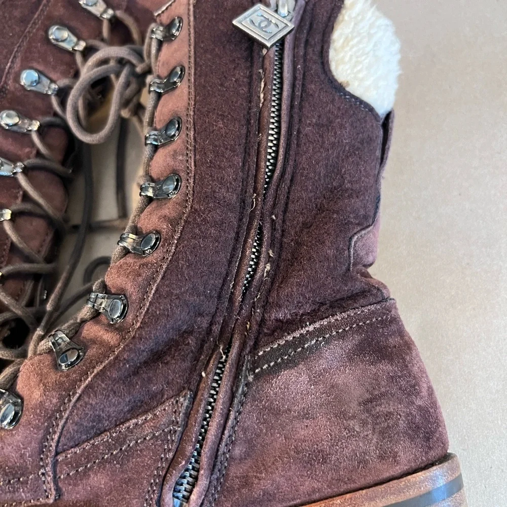Chanel Brown Suede Leather CC Logo Shearling Combat Lace Boots Size EU 36 US 5.5