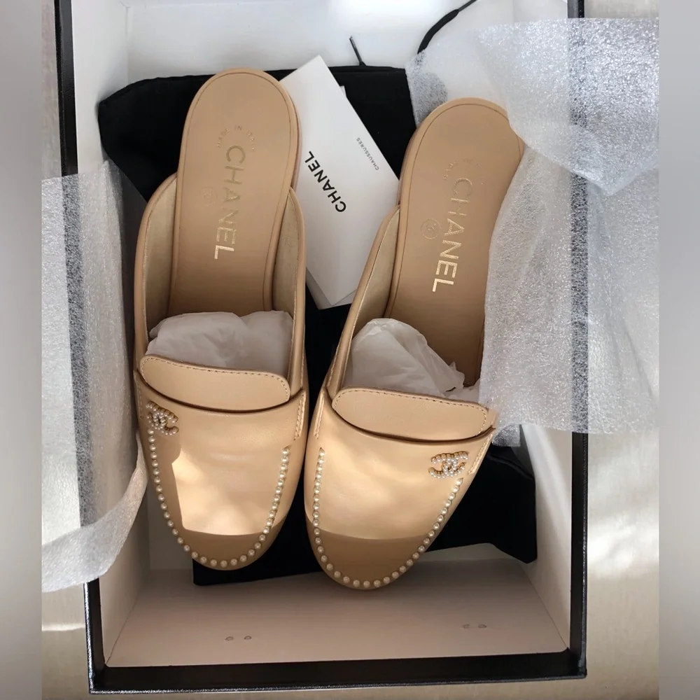 Chanel Beige Leather Pearl-Trim Loafer Mules Size 38