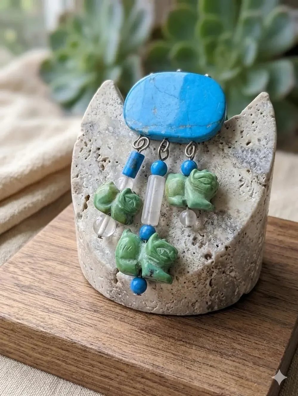 Vintage Zuni Style Carved Stone Cat Fetish Brooch Turquoise and Quartz