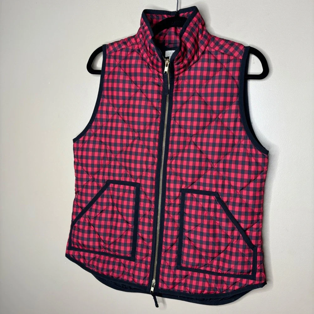 J.Crew Womens Red Navy Buffalo Check Quilted Down Excursion Vest Small 02533