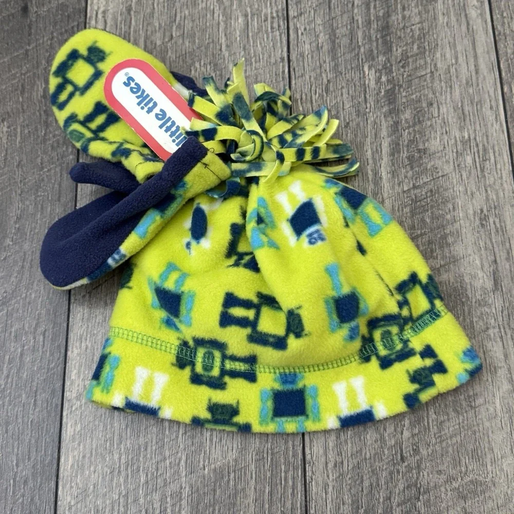 NWT Little Tikes Kids Fleece Beanie Mittens Set Robot Print Neon Green Blue OSFA