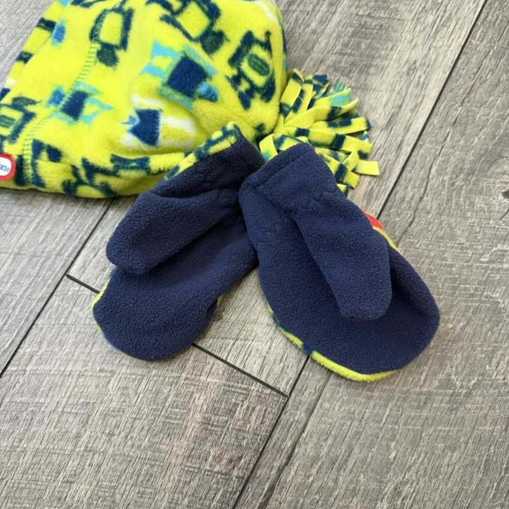 NWT Little Tikes Kids Fleece Beanie Mittens Set Robot Print Neon Green Blue OSFA