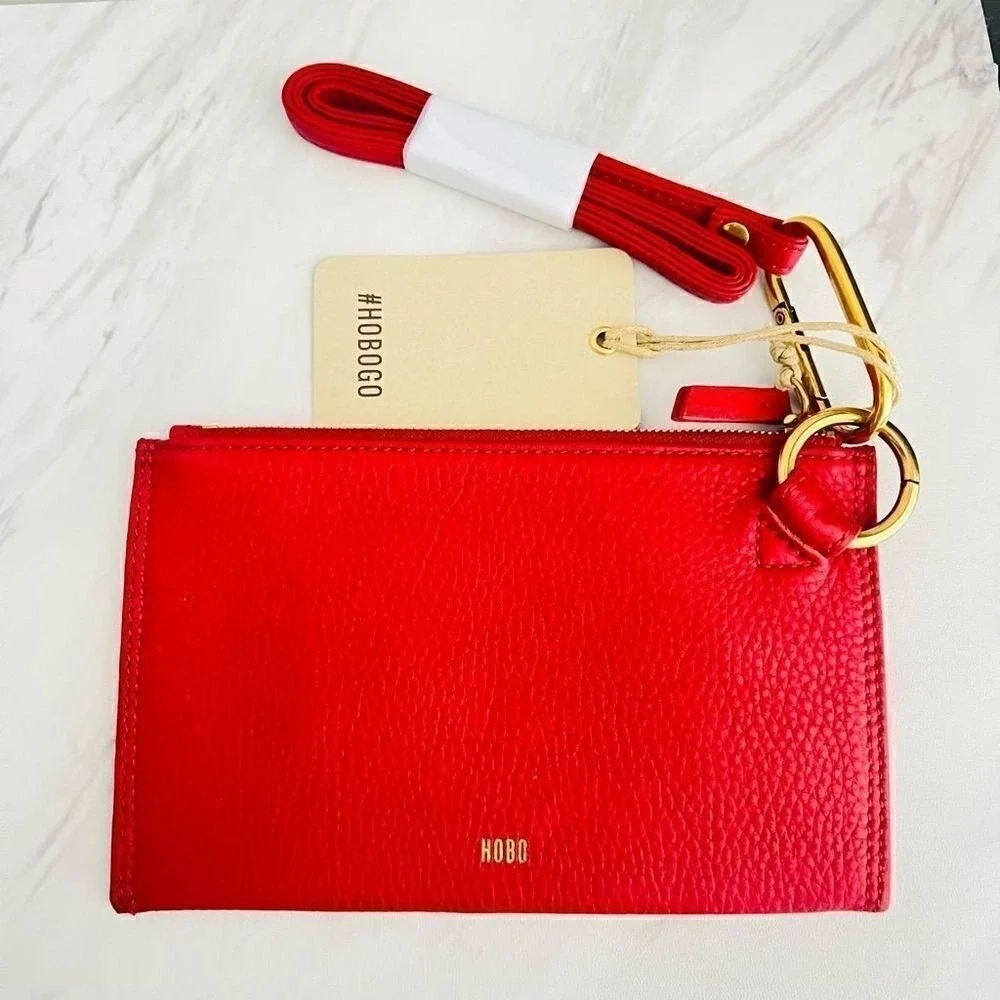 HOBO GO Tour Leather‎ Zip Pouch Bag, Wristlet, with Lanyard, Red/Gold, NWT