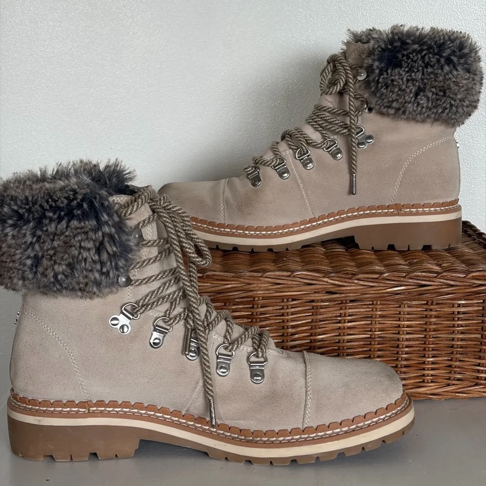 Sam Edelman Bowen Tan Suede Faux Fur Hiking Boots - Size 9M