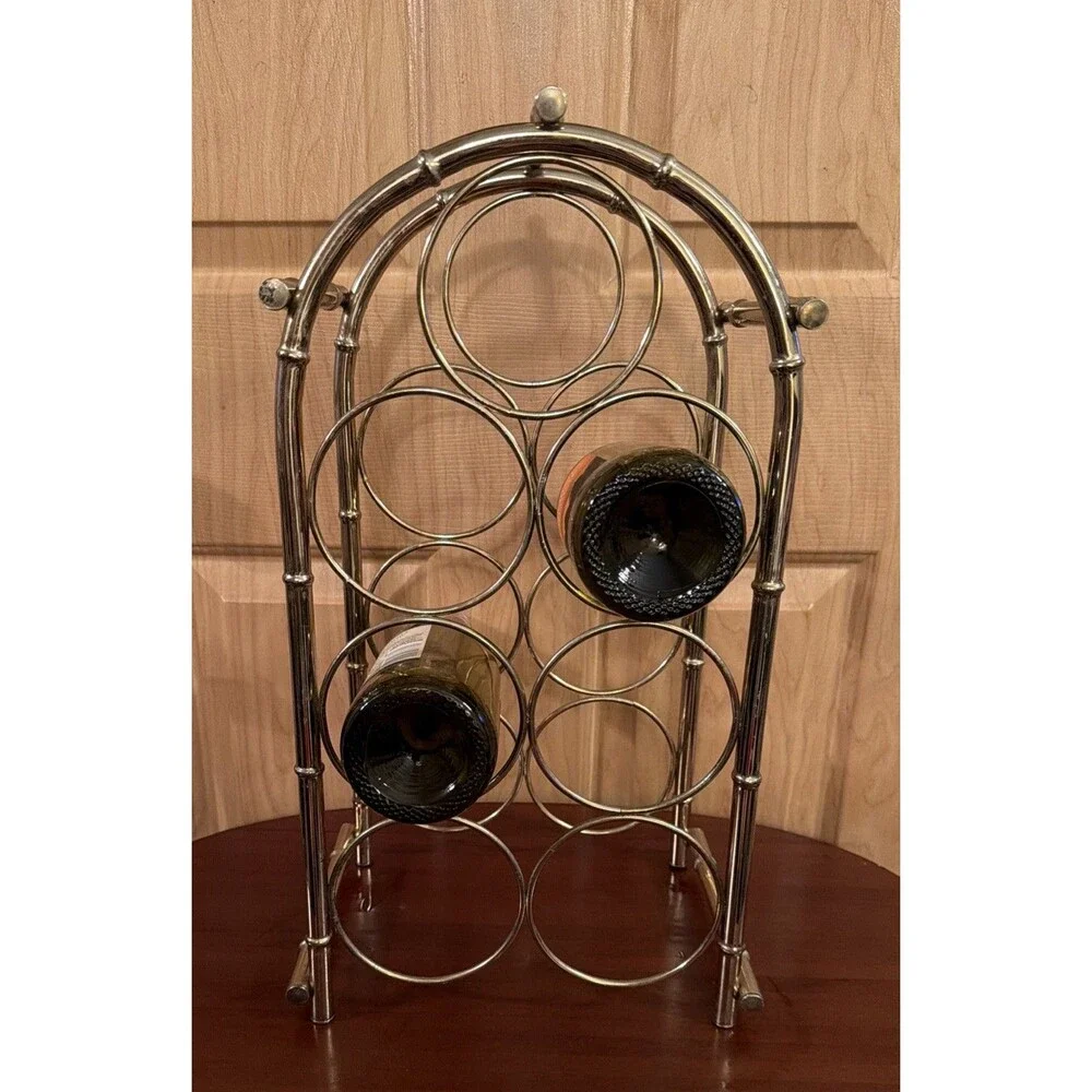 Vintage Hollywood Regency Brass Faux Bamboo 7-Bottle Tabletop Wine Rack MCM EUC!