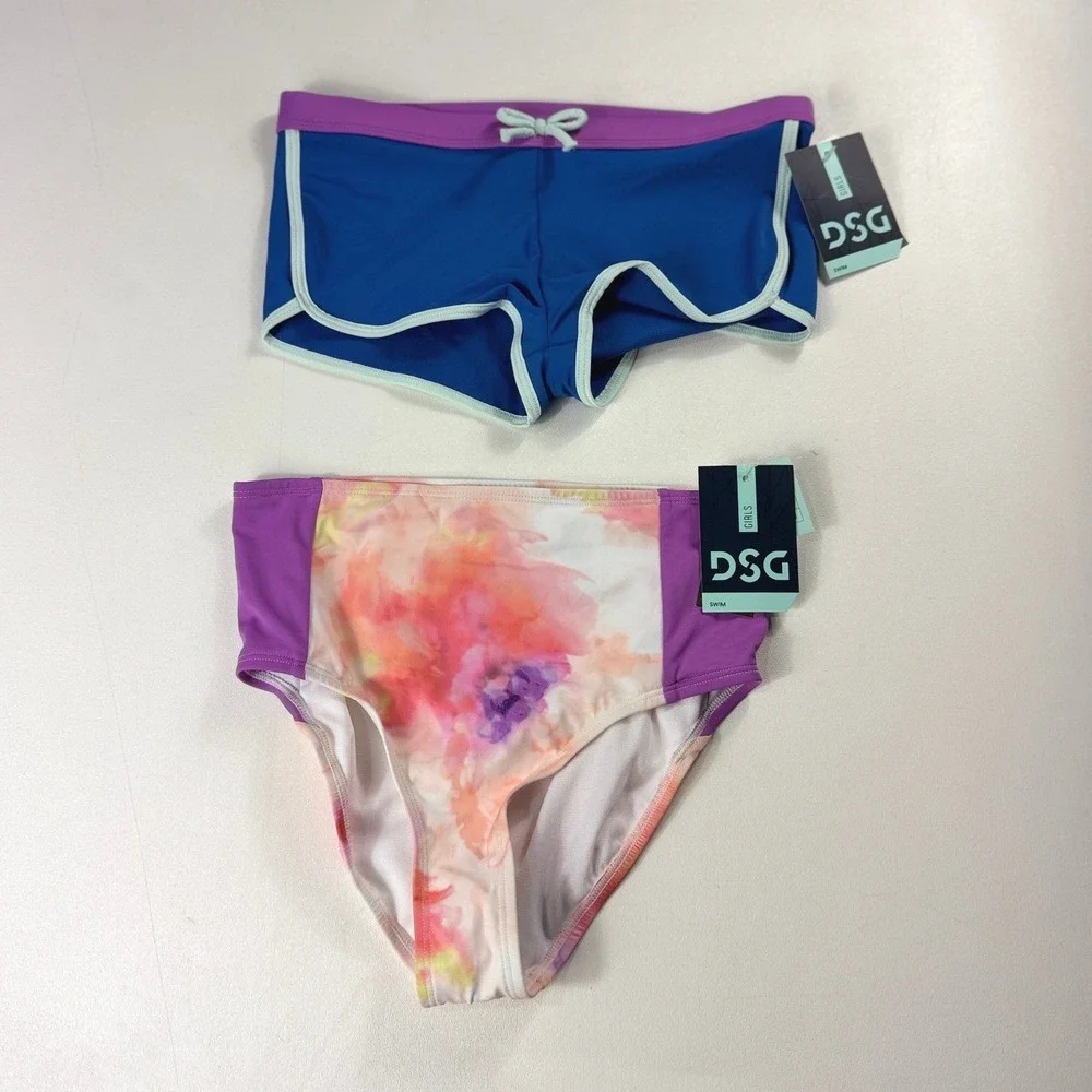 Lot of 2 DSG Girls Swim Bottoms L 10-12 Blue Swim Short High Waist Floral NWT