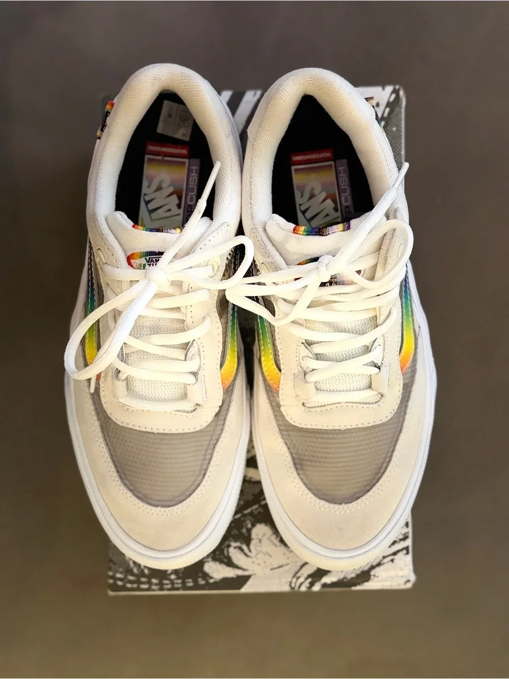 Vans White Sneakers with Rainbow Side Stripe