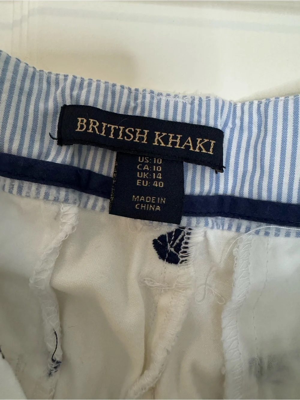 British Khaki White Shorts with Navy Sailboat Embroidery