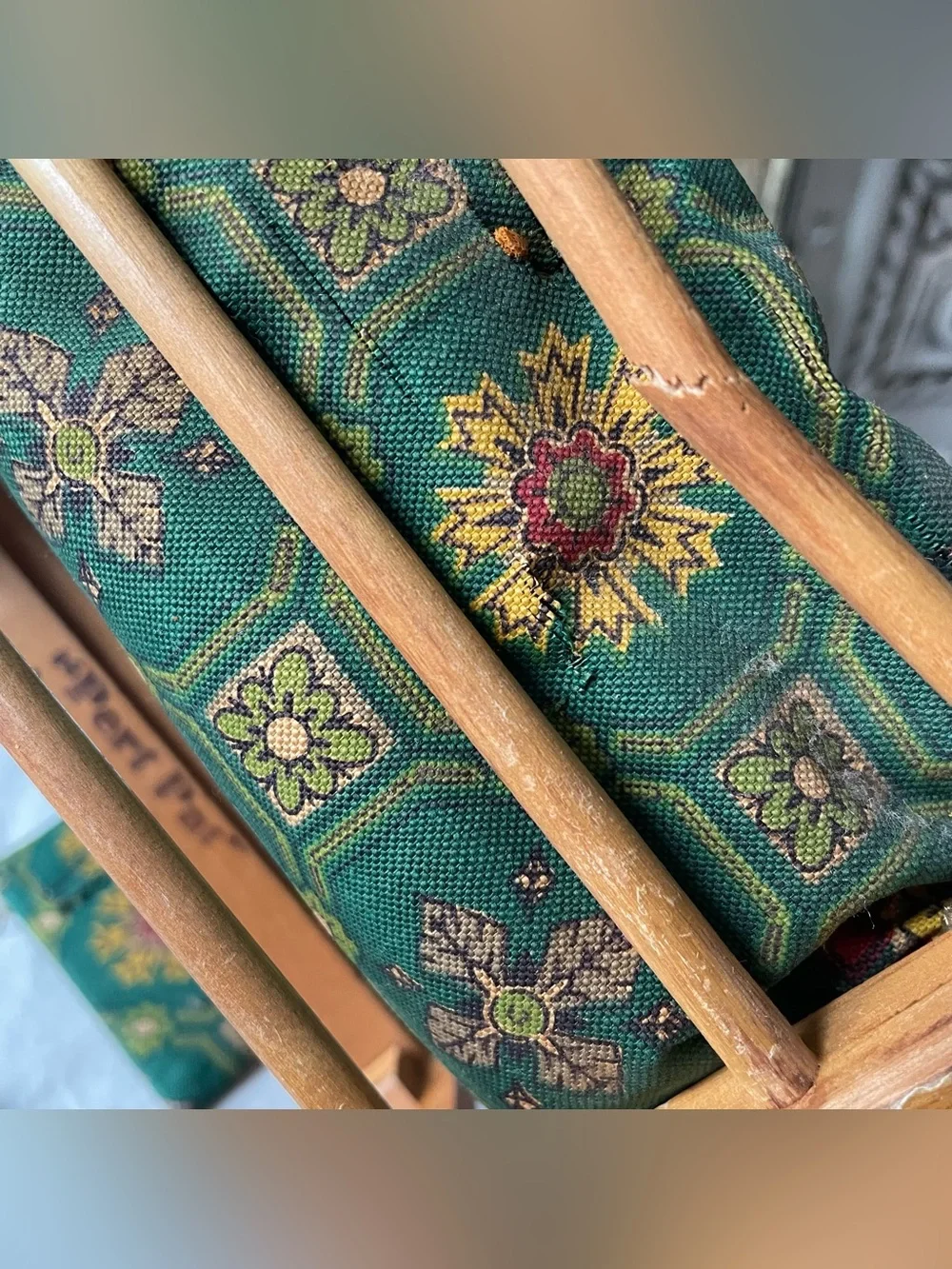 Vintage 1950 MCM Wood Doll couch green fabric Pert