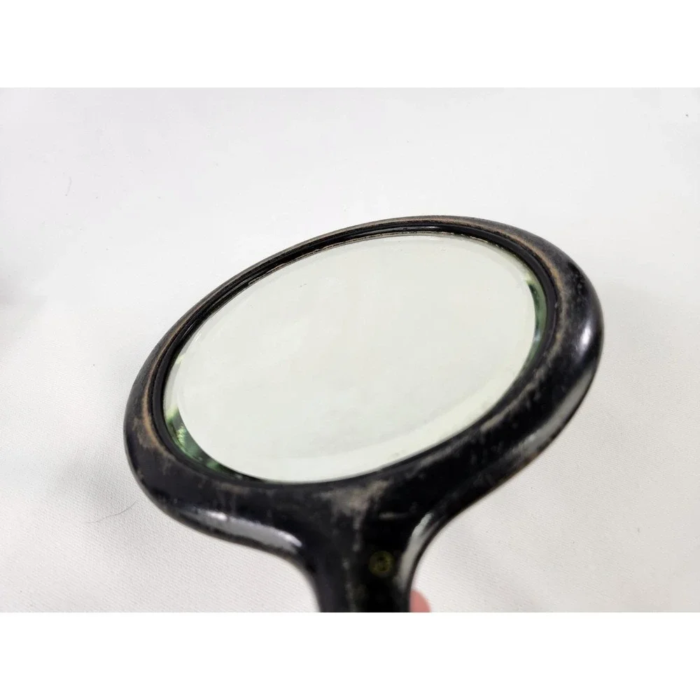 Vintage Wooden Handle Hand Mirror - Beveled Glass Aged Wood 6