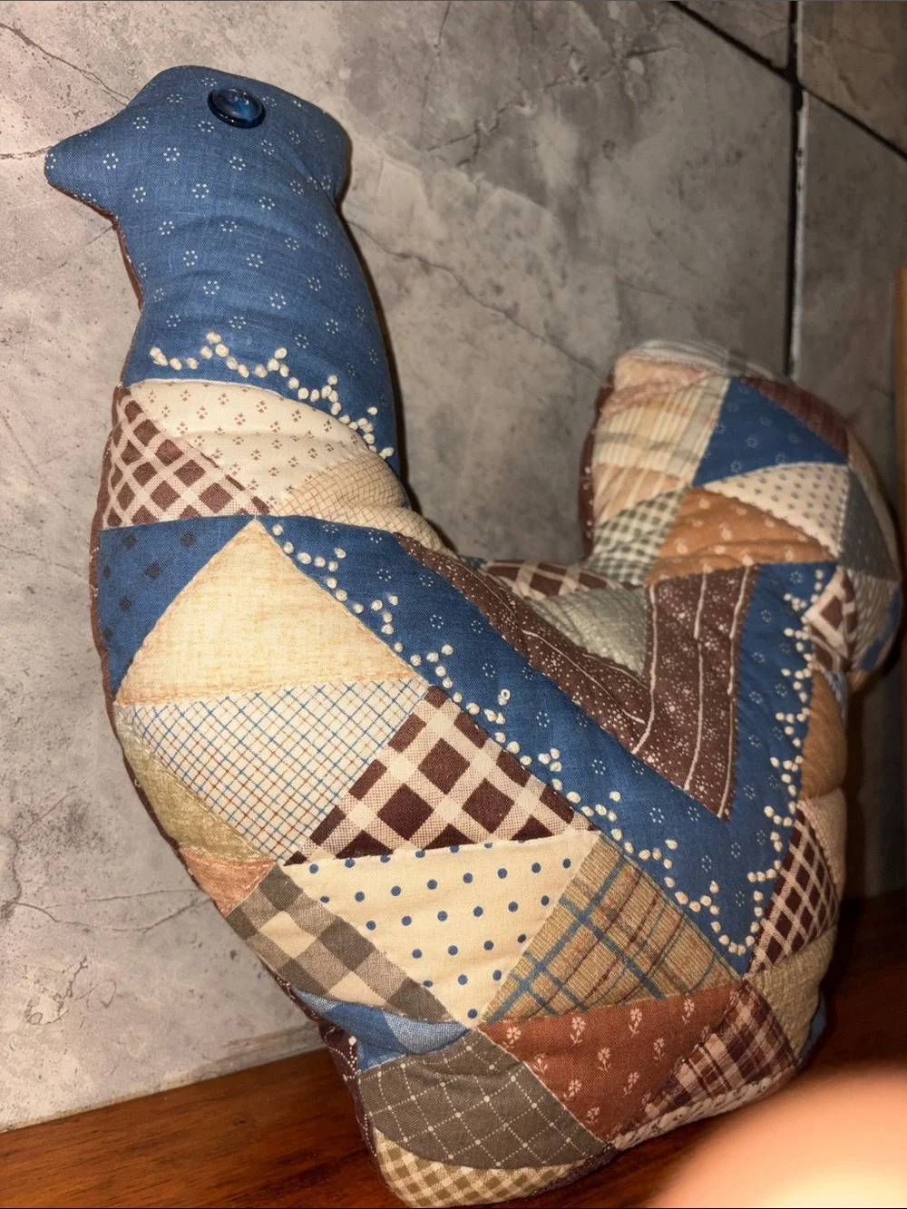 Vintage 90s Patchwork Quilted Chicken  Accent Pillow in Blue and Brown Handmade