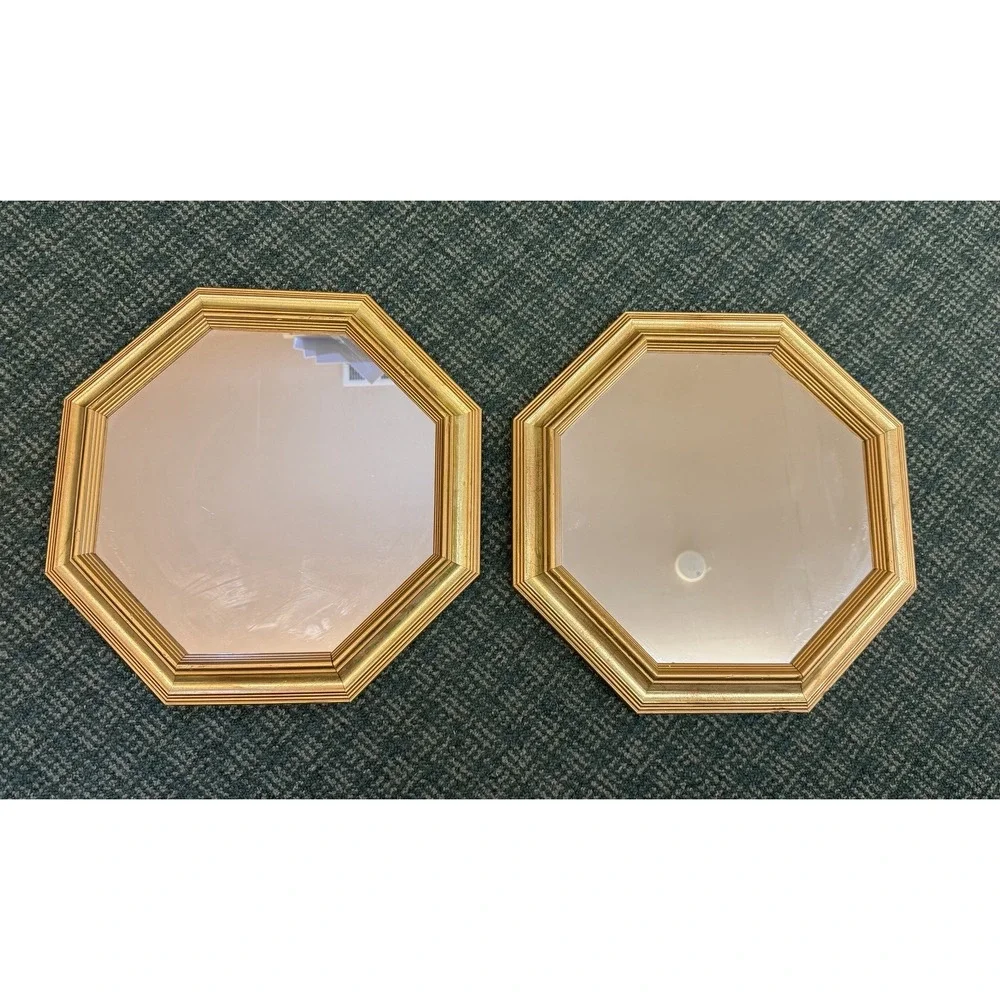 Vtg Pair (2) Octagonal Gold Frame Beveled Wall Mirrors Mirror Octagon