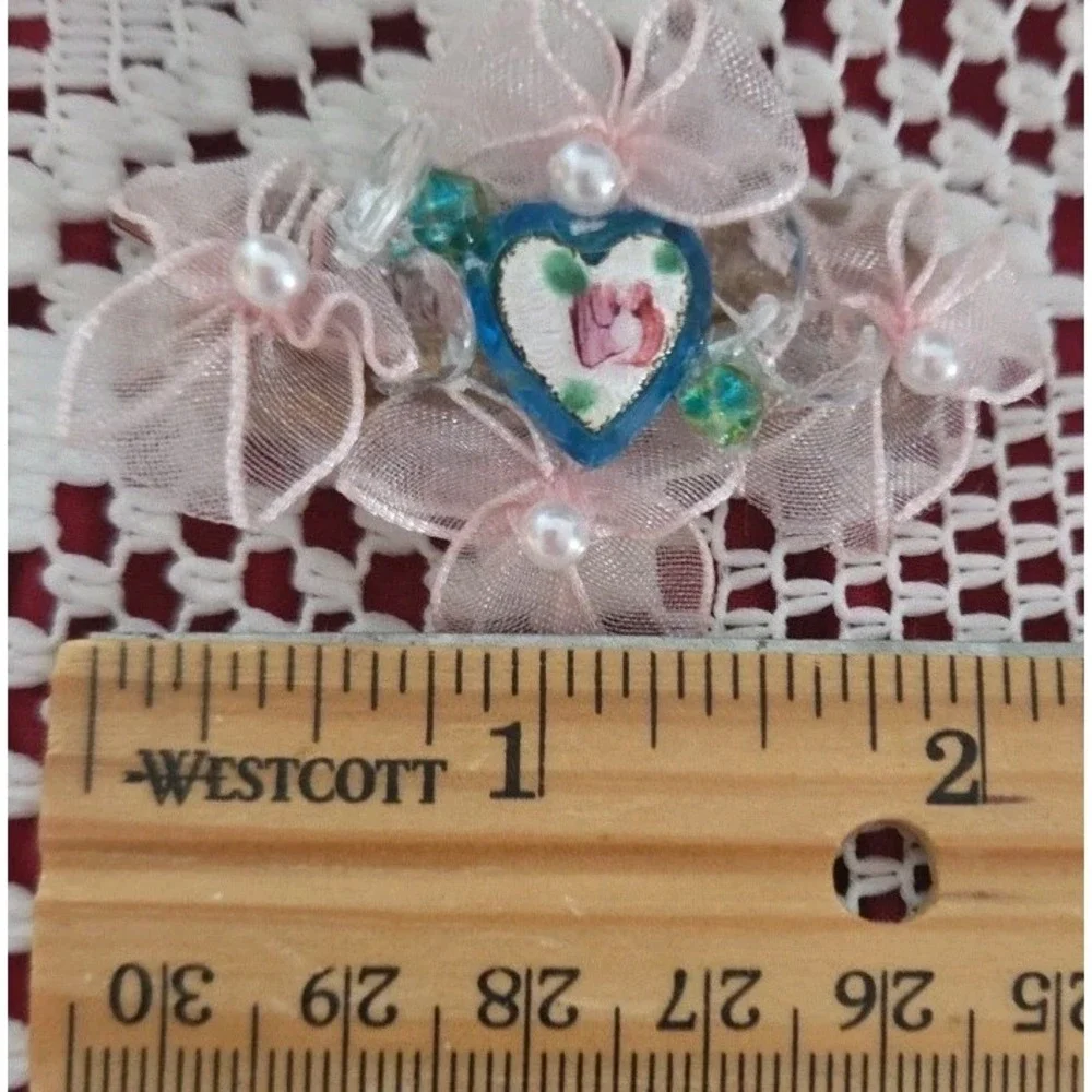 Vintage Guilloche‎ Heart Hair Barrette Gold-toned Metal Pink Blue White Bows