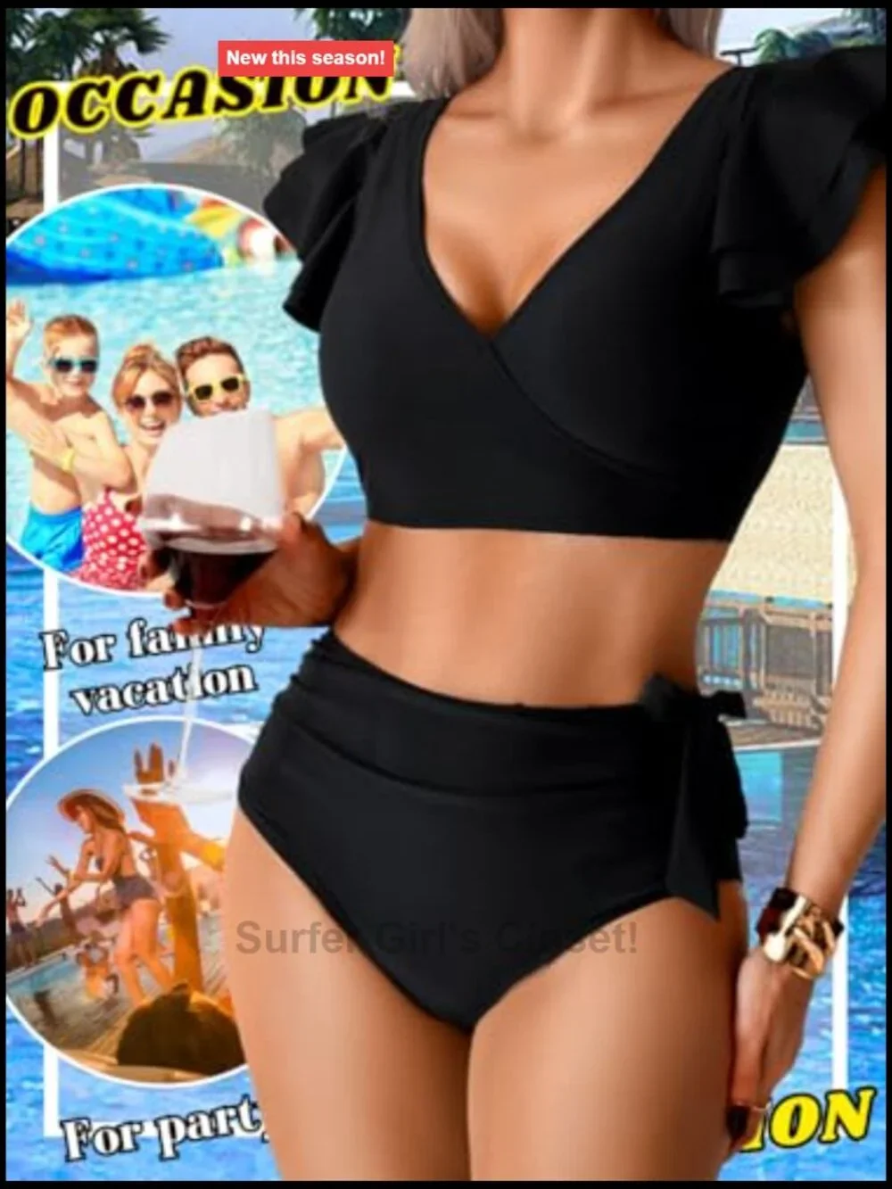 High Waisted 2 Piece Bikini Set, Tummy Control Ruffle V Neck Full Coverage