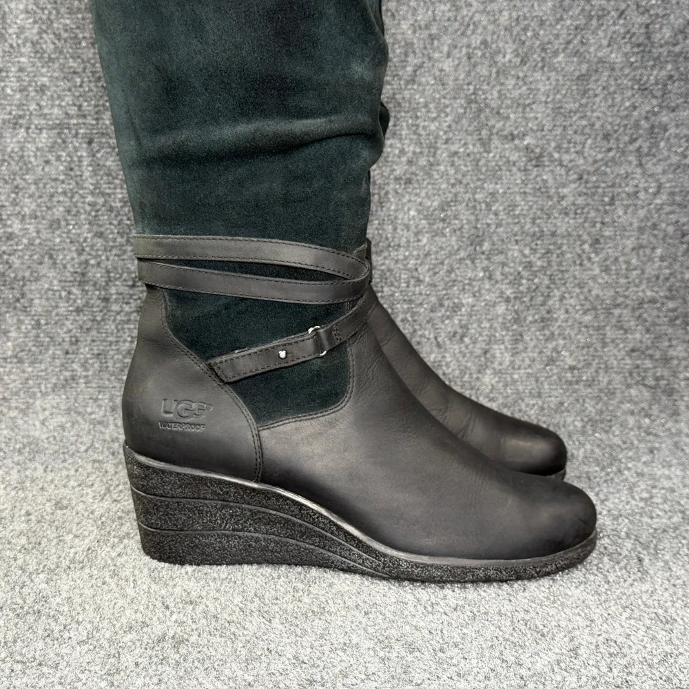 UGG Lesley Wedge Knee High Boots Women's 9 Black Suede Leather Tall Strap Buckle