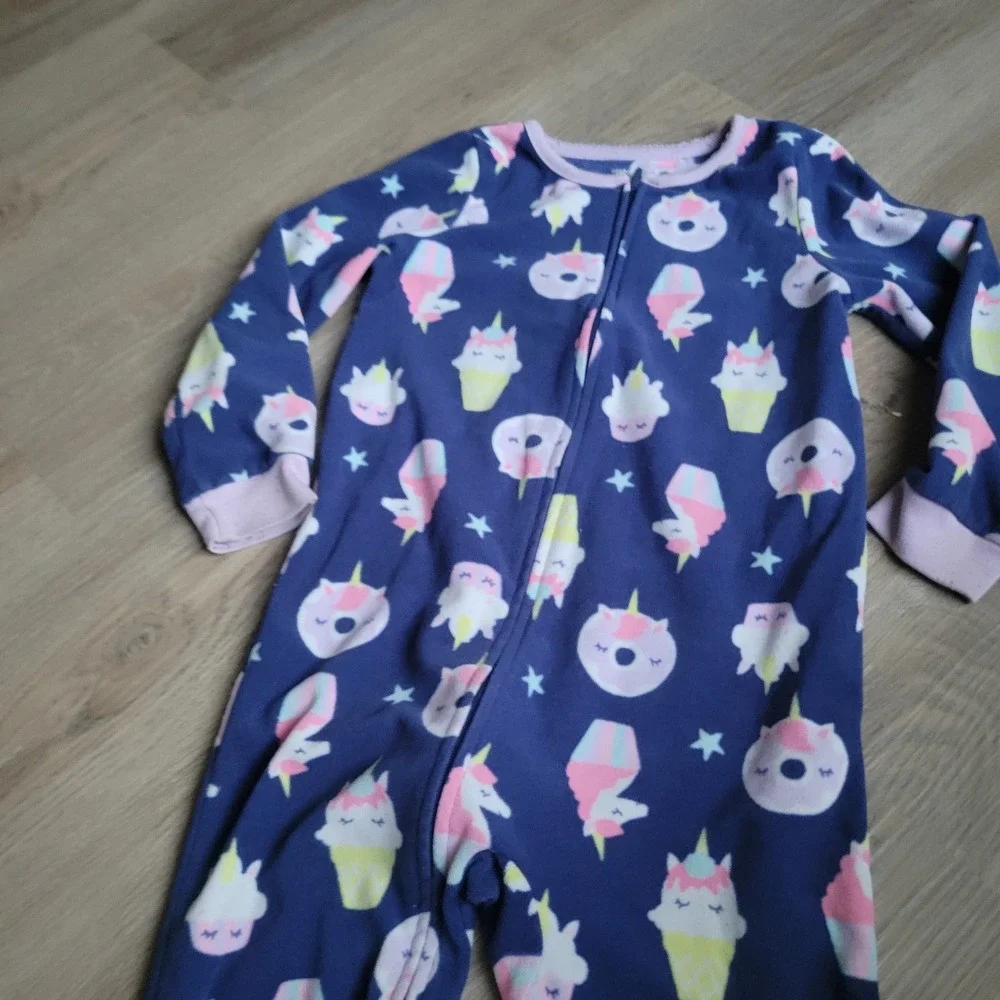 Carter's Girls Footed Pajamas 5 Navy Blue Fleece Unicorn Cupcake Sleepwear