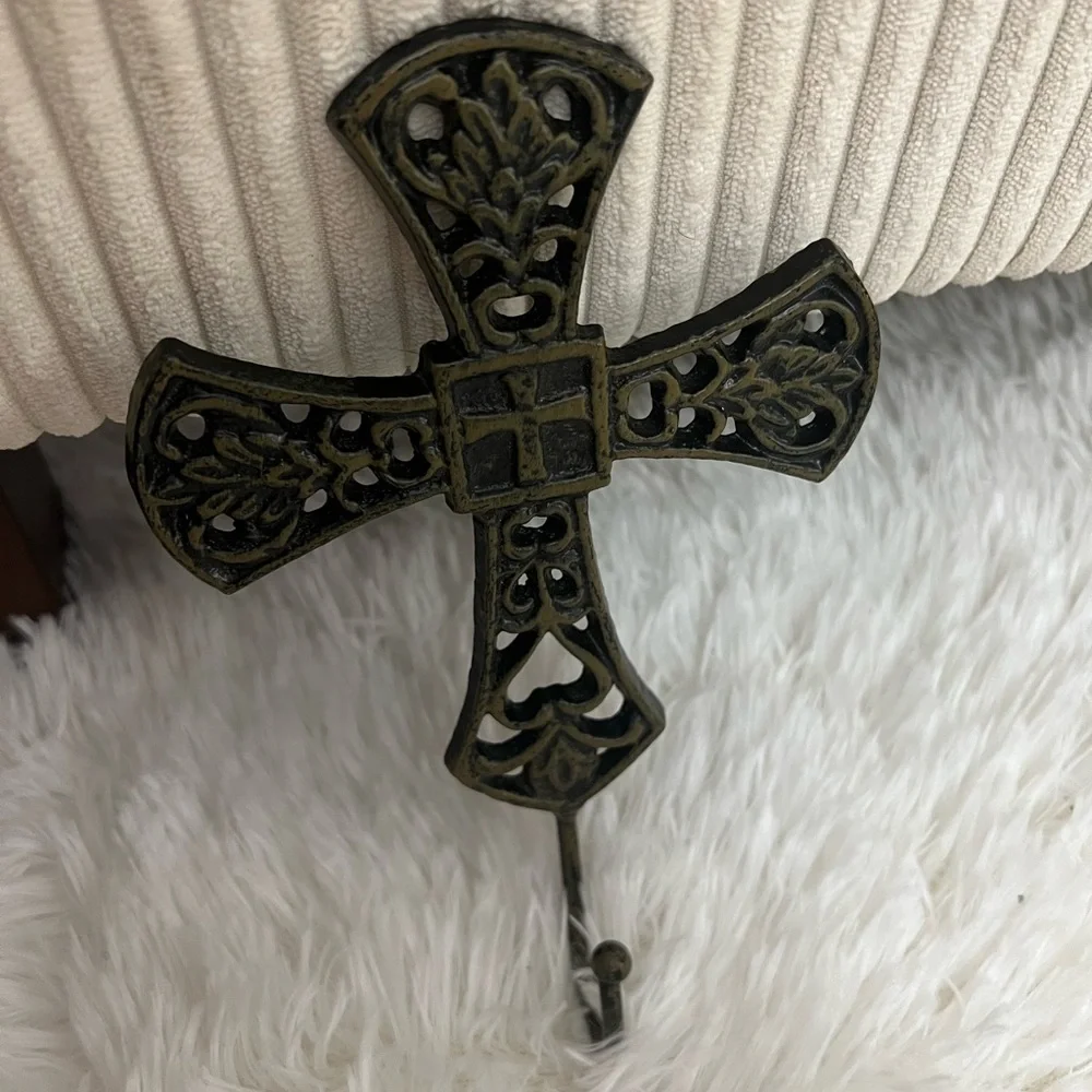 Cast Iron Decorative Wall Cross with Hook - Antique Bronze Tone