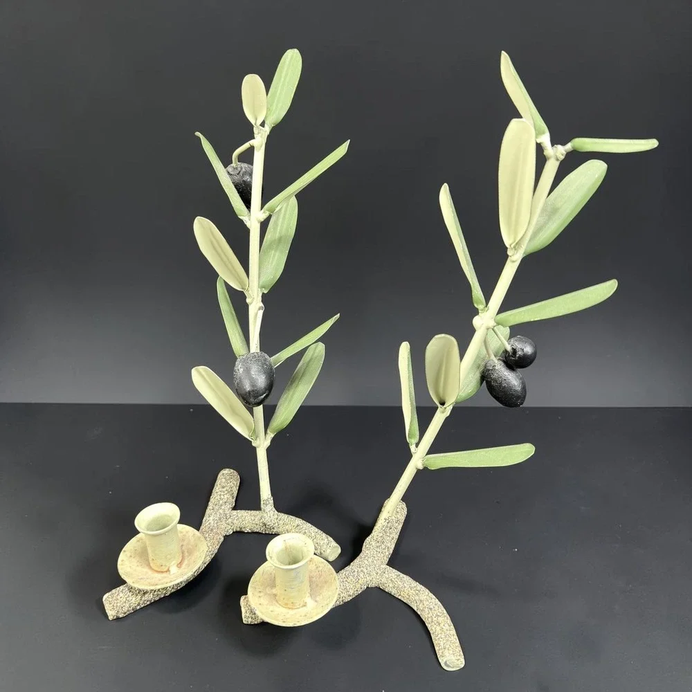 Metal Olive Branch Taper Candle Holder Set of 2 Green Leaf Botanical Decor 7in