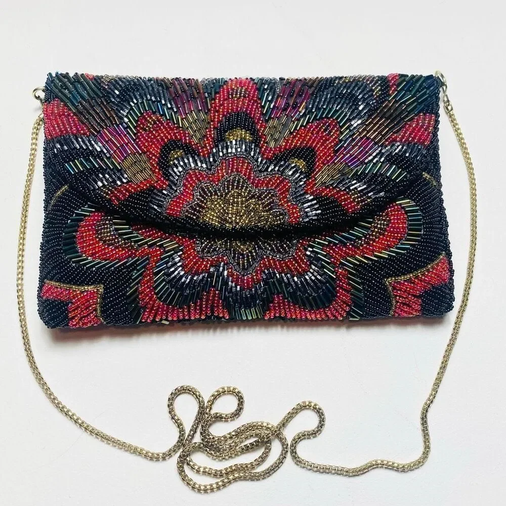La Regale Beaded Evening Clutch Floral Art Deco Crossbody Gold Chain