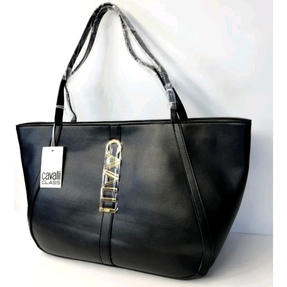 Cavalli Class Sandra Shopper Tote Bag Womens Black Onyx Shoulder Purse Sleek NEW