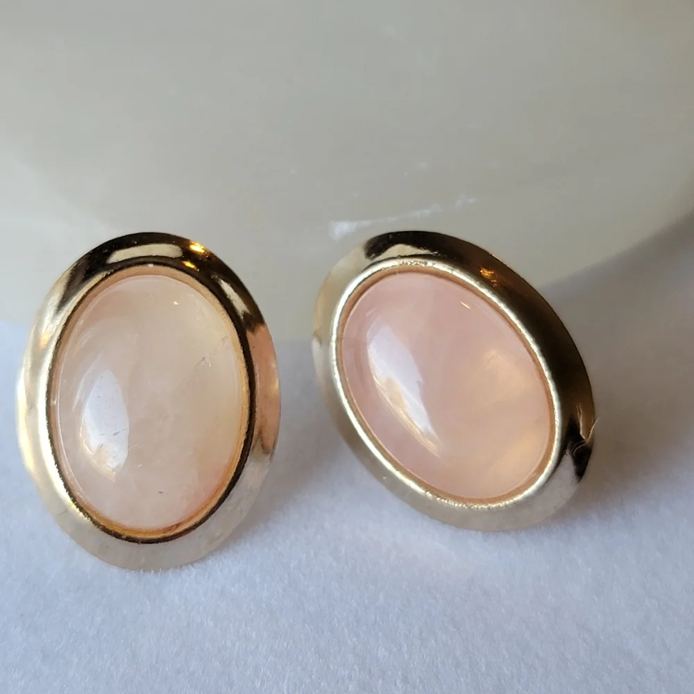 Oval Rose Quartz Gold Tone Natural Stone Cabochon Earrings