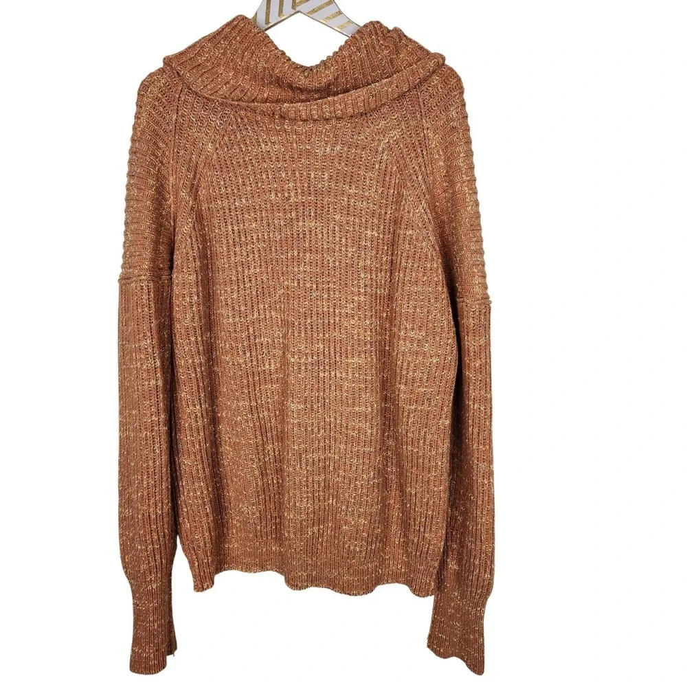 FREE PEOPLE Leo Tunic Sweater Womens Medium Orange Ribbed Cowl‎ Neck Cozy Knit