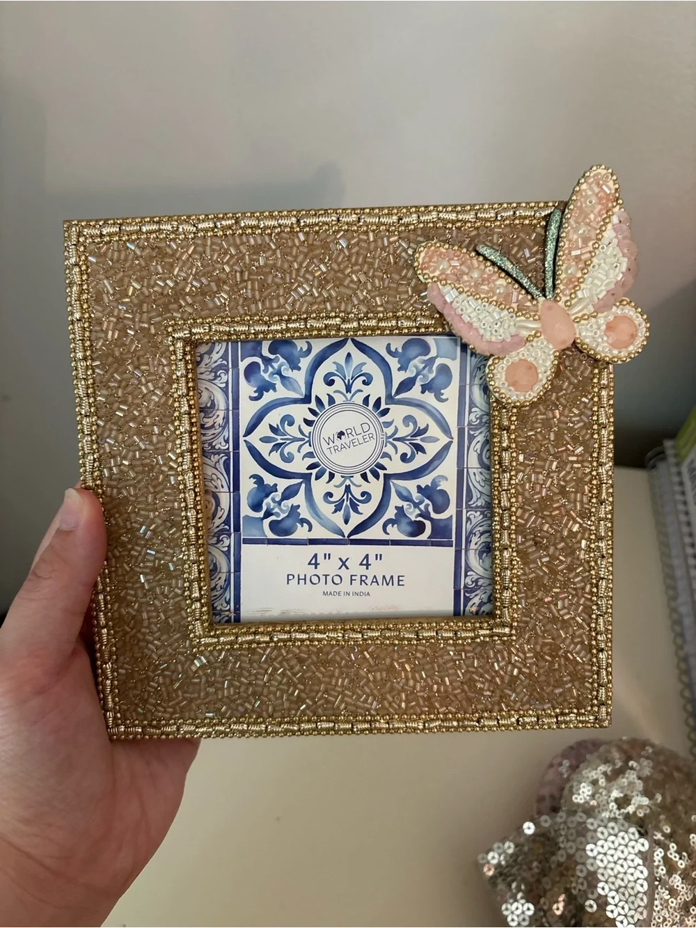 Beaded Gold 4x4 Photo Frame with Pink Butterfly Accent -