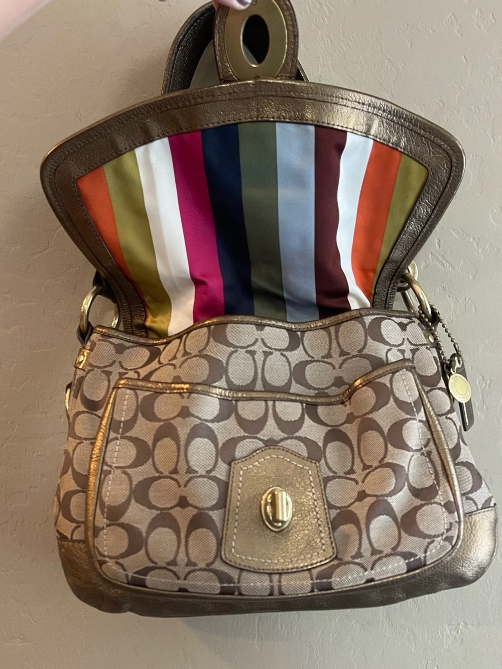 Coach legacy Ali Signature Canvas Shoulder Bag turnlock Stripe Lining 65th