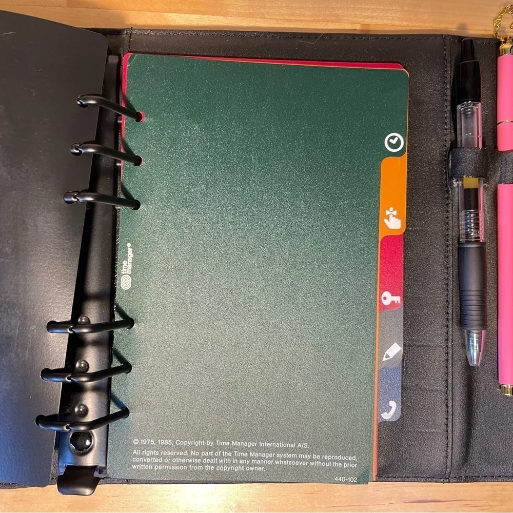 Vintage Time Manager Original Black Gloss Leather 6-Ring Personal Planner Binder