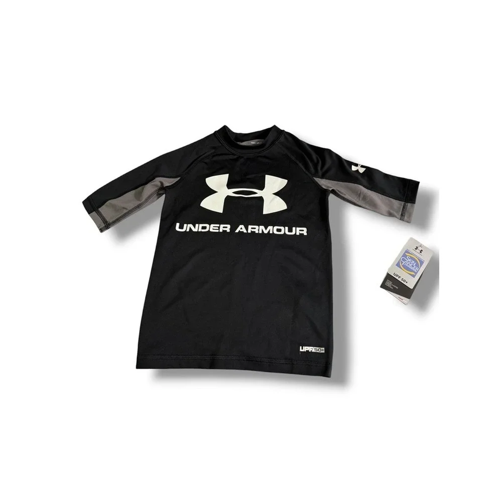 Under‎ Armour Boys HeatGear UPF 50+ Rash Guard Swim Shirt Black Gray YSM New