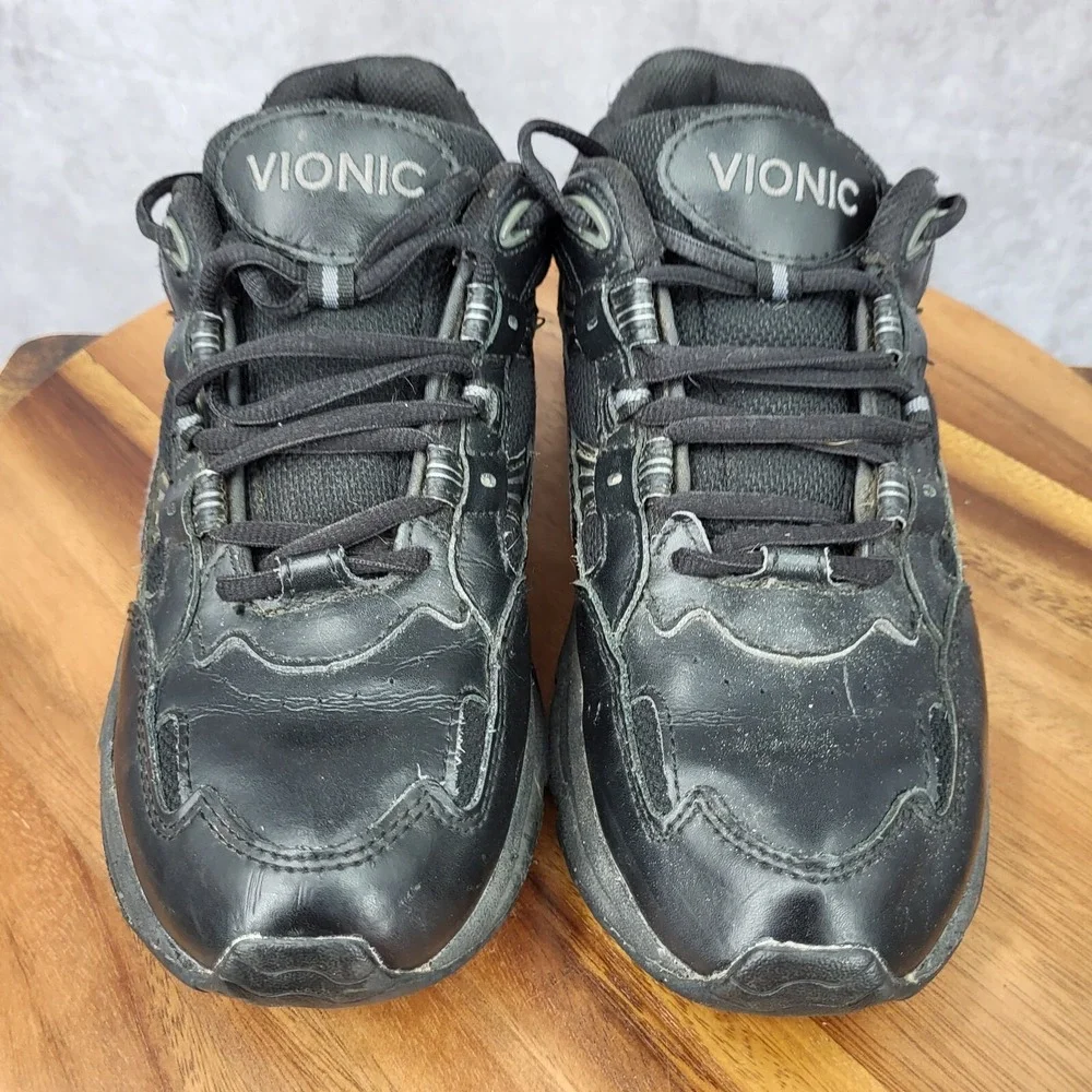 Vionic Walker Sneakers Women 8 Black Leather Running Walking Comfort Ortho Shoes
