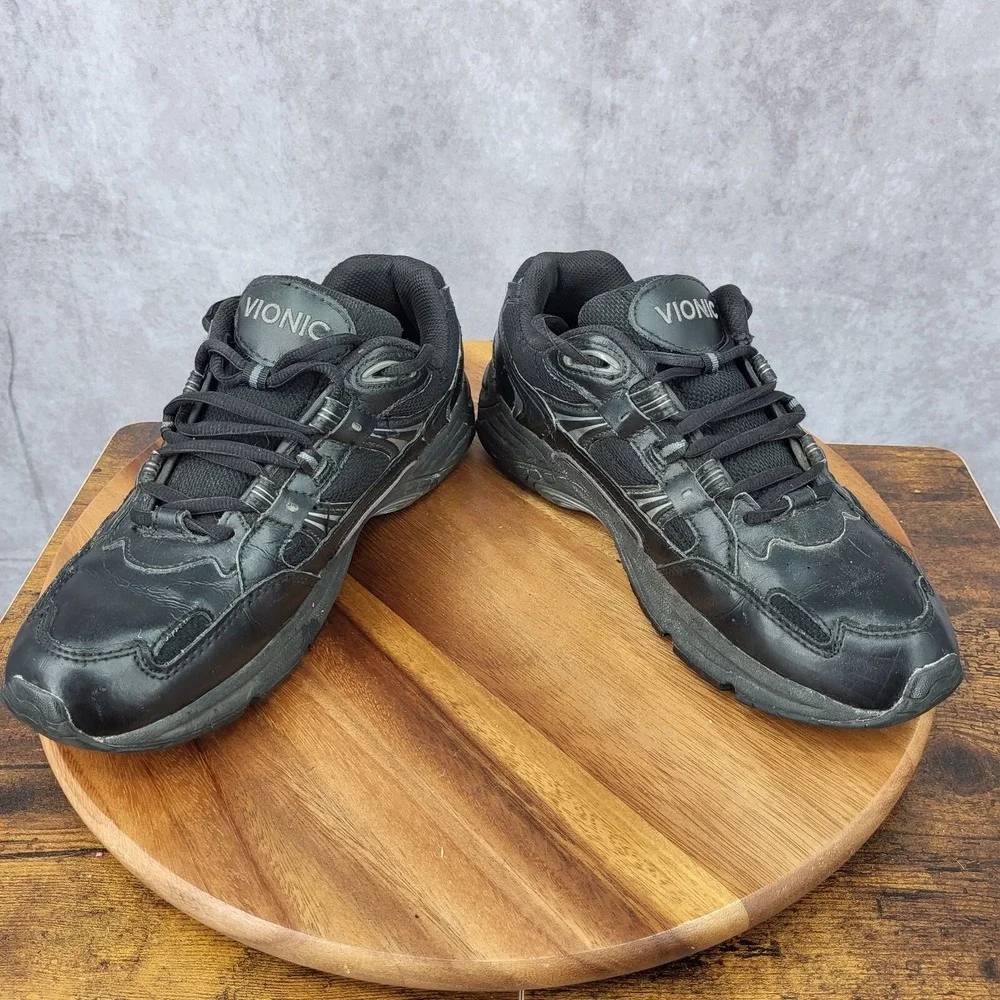 Vionic Walker Sneakers Women 8 Black Leather Running Walking Comfort Ortho Shoes