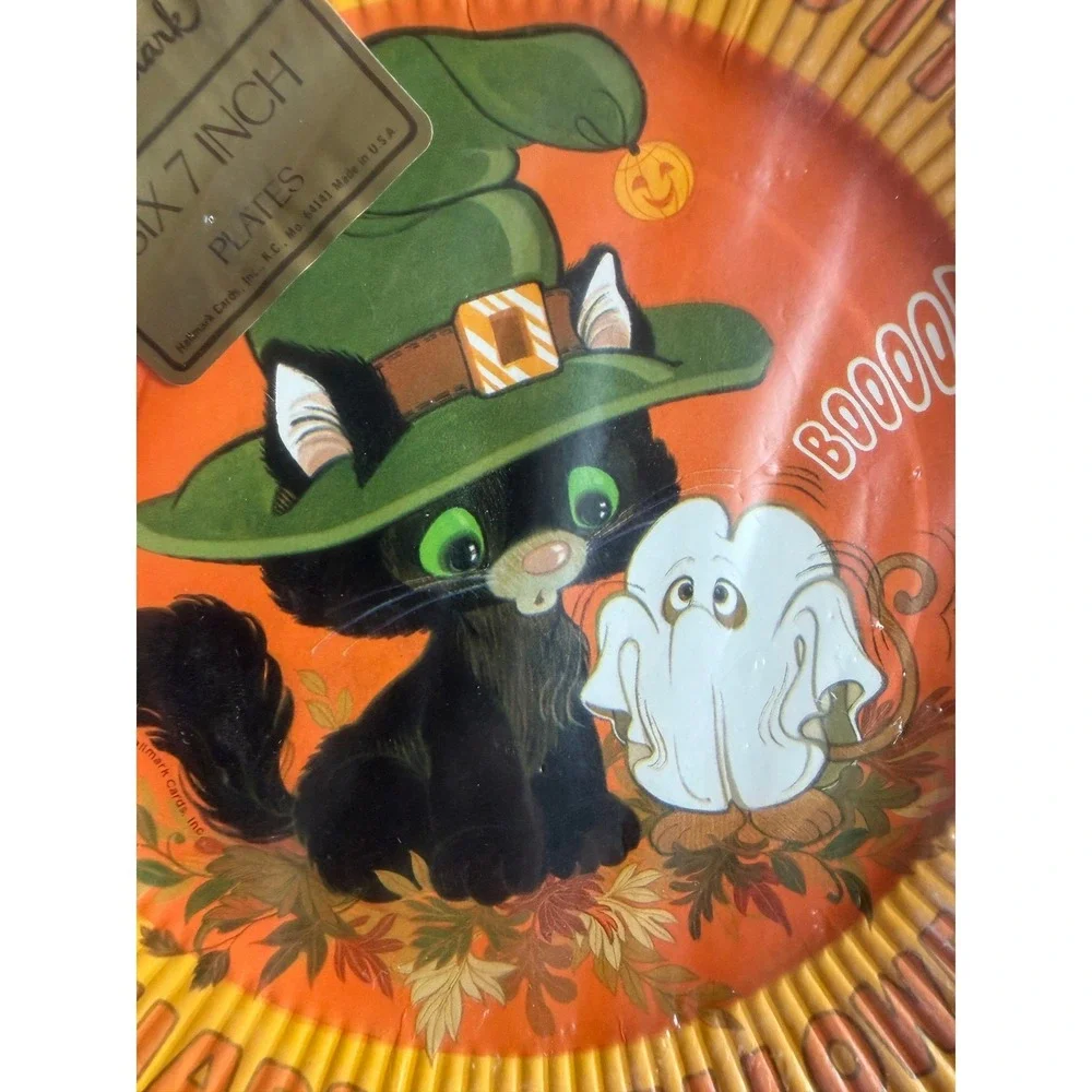 VTG Hallmark Halloween Paper Plates 7 Inch Orange Black Cat Ghost Party Supplies