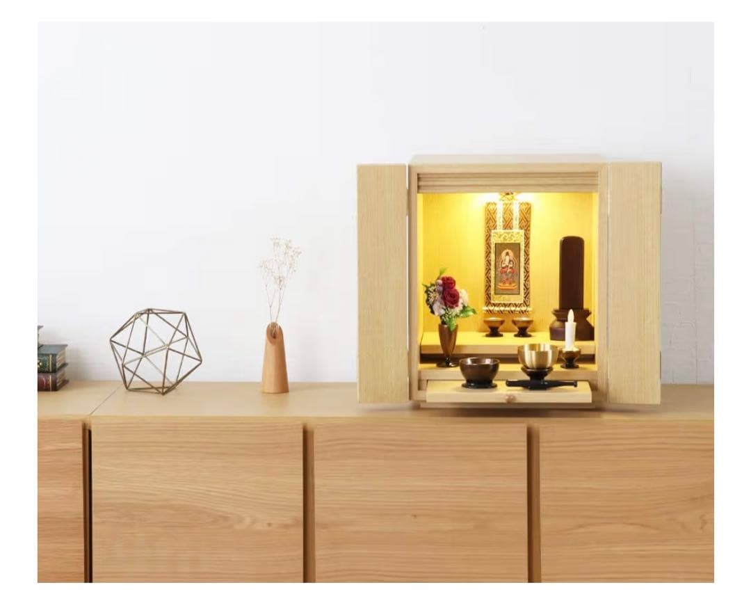 Modern Mini Buddhist Altar, Size 14, Light Brown, with LED Light, Compact